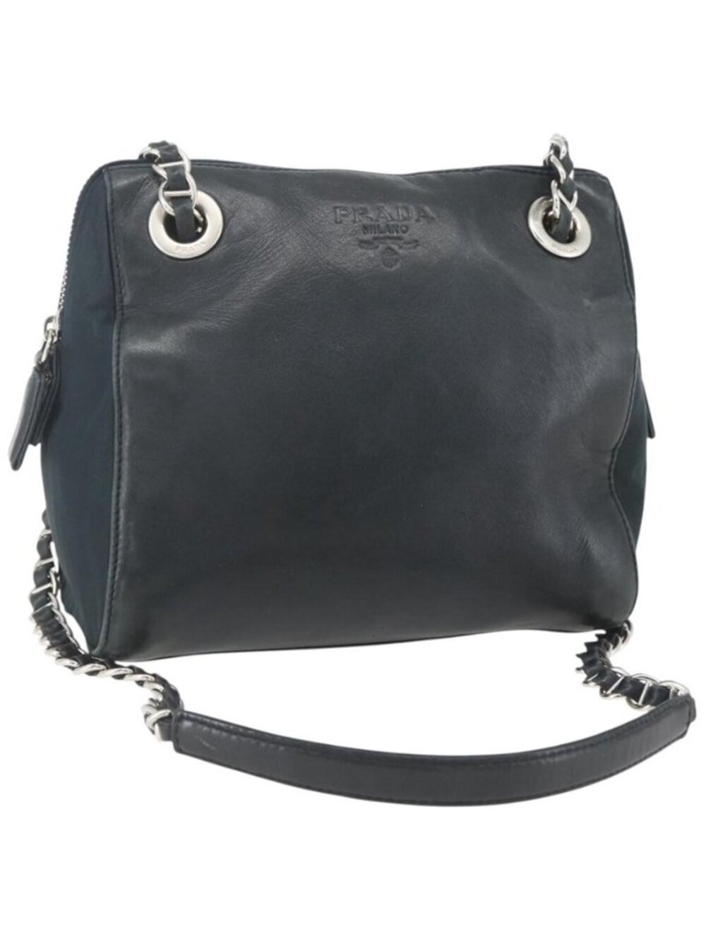 Authentic PRADA Chain Shoulder Bag Leather Navy Silver